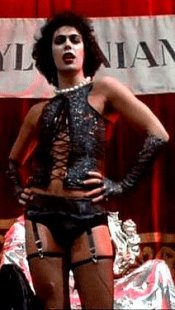 Frank N. Furter makes his grand entrance. Not a sight the uninitiated are comfortable with.