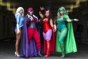 Image: Melonie DeJesus, Jessica Caamano, Mariaysabel Vega and Nathali Sanabria pose as Quicksilver, Magneto, The Scarlet Witch and Polaris on day two of New York Comic Con in Manhattan, New York